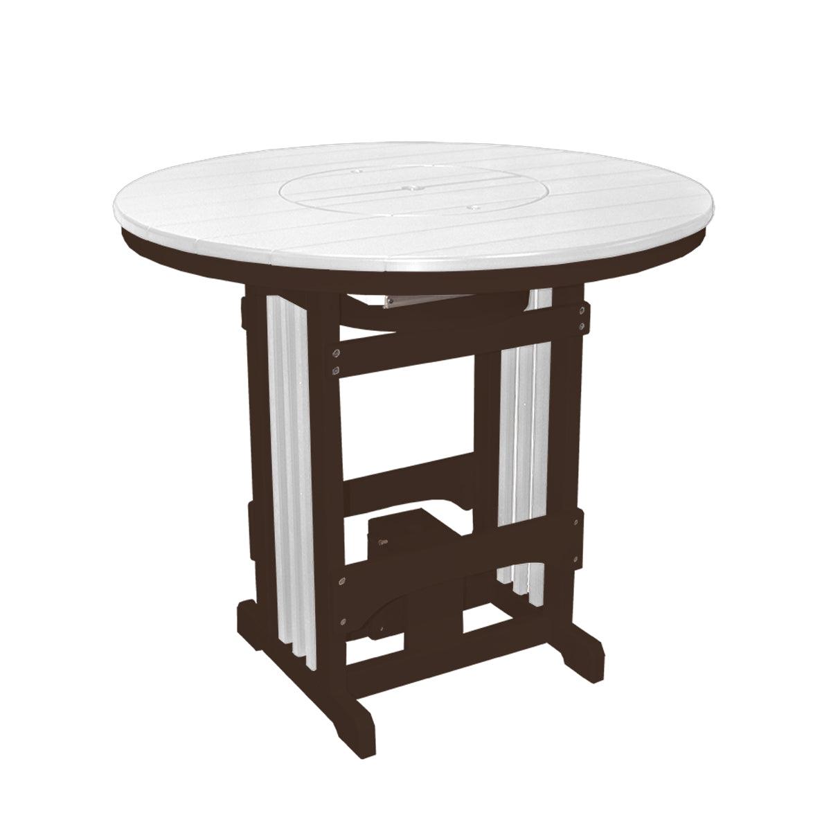 Round poly pub table with a white slatted top, dark brown base, and integrated center party bowl lid.
