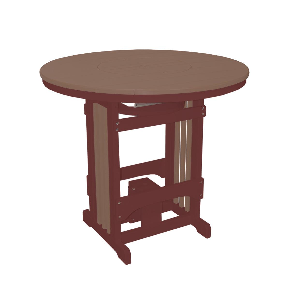 Round poly pub table in brown and burgundy with a removable center lid.