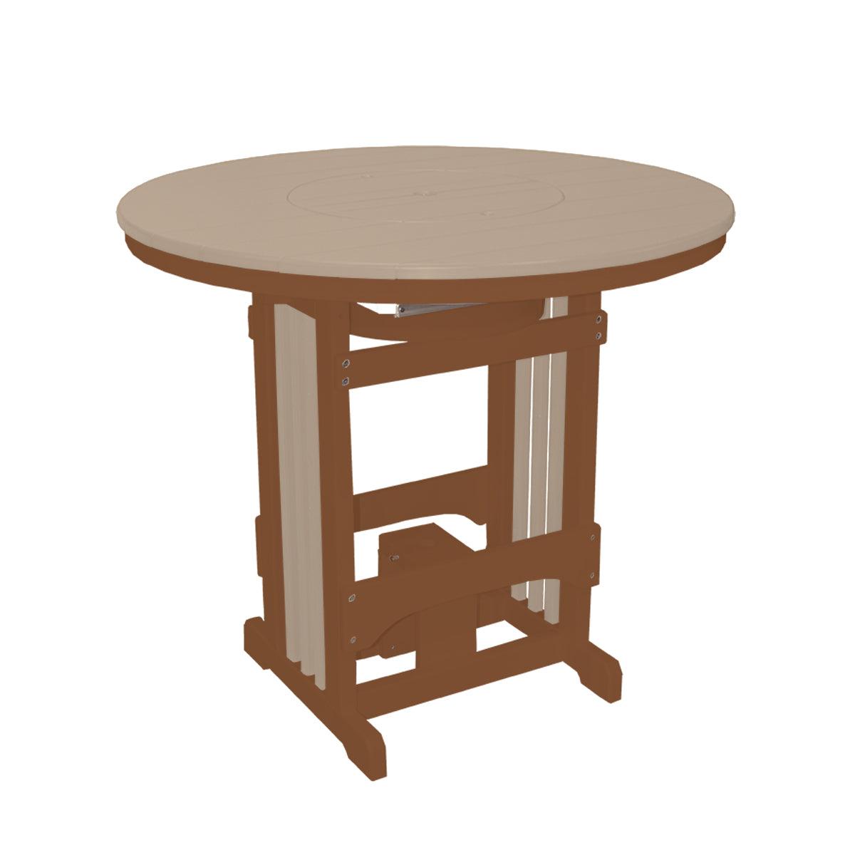 Round poly pub table with a tan top, brown base, and integrated party bowl lid.