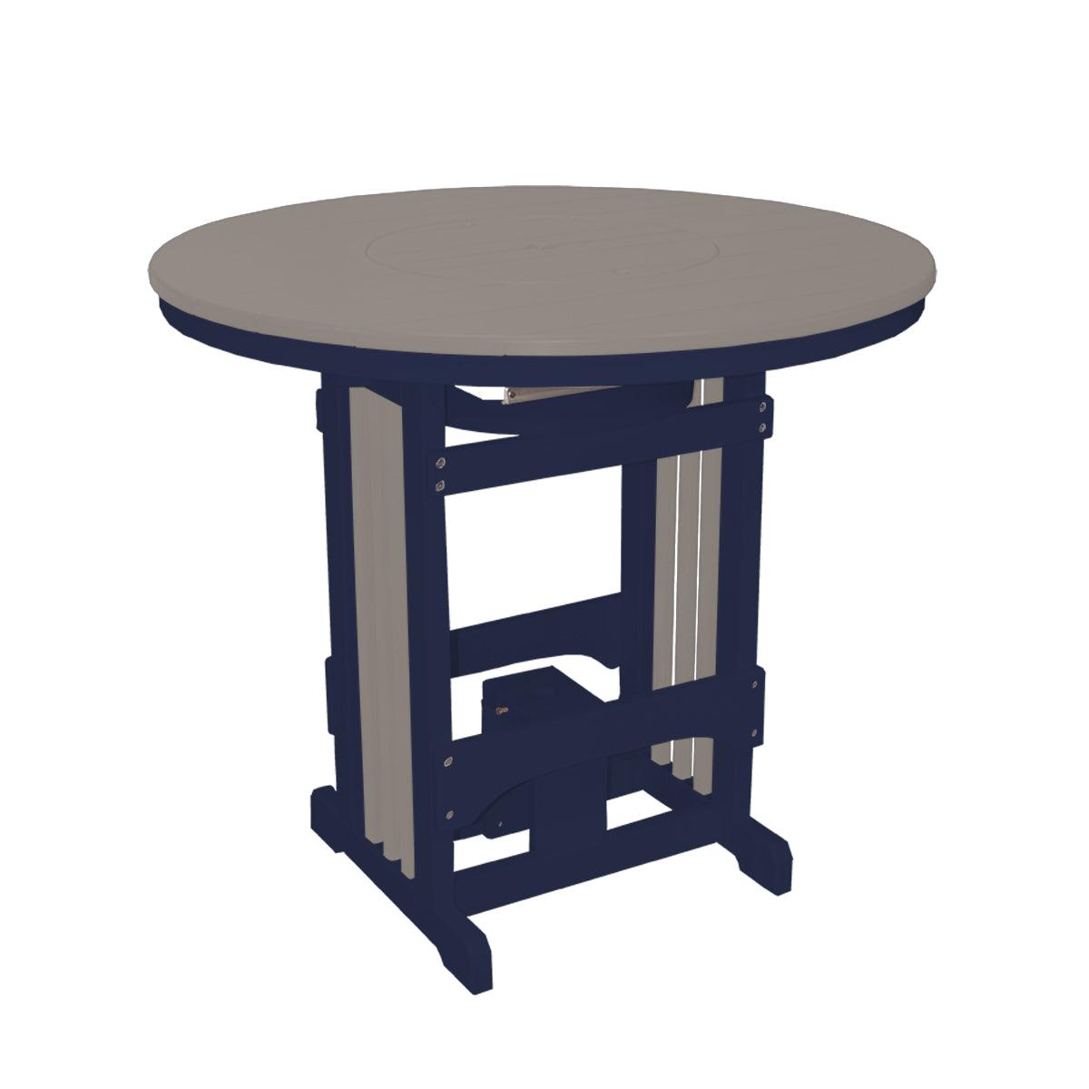 Round poly pub table with a grey top, dark blue frame, and integrated party bowl lid.