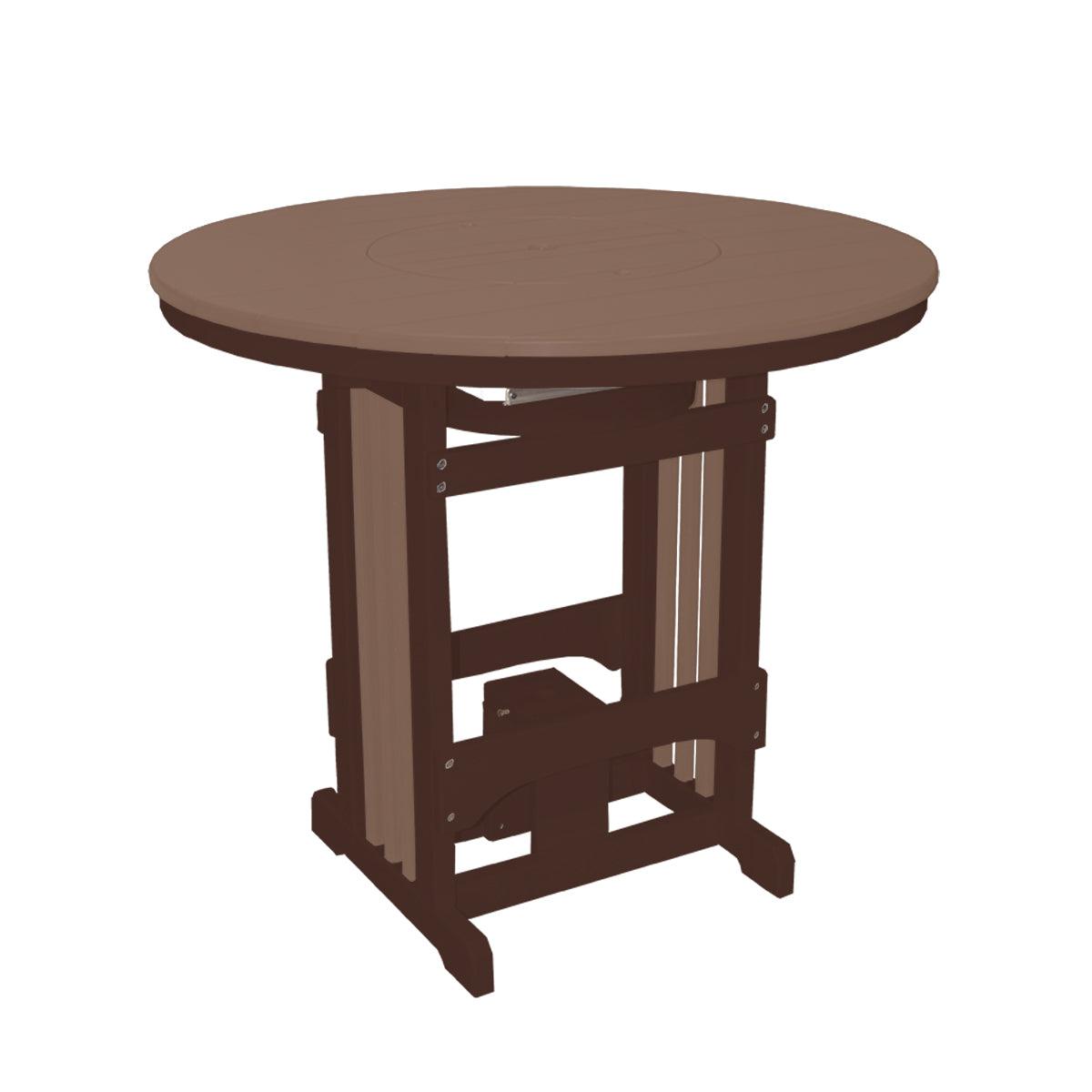 Round brown poly outdoor pub table with a removable center lid for a party bowl.