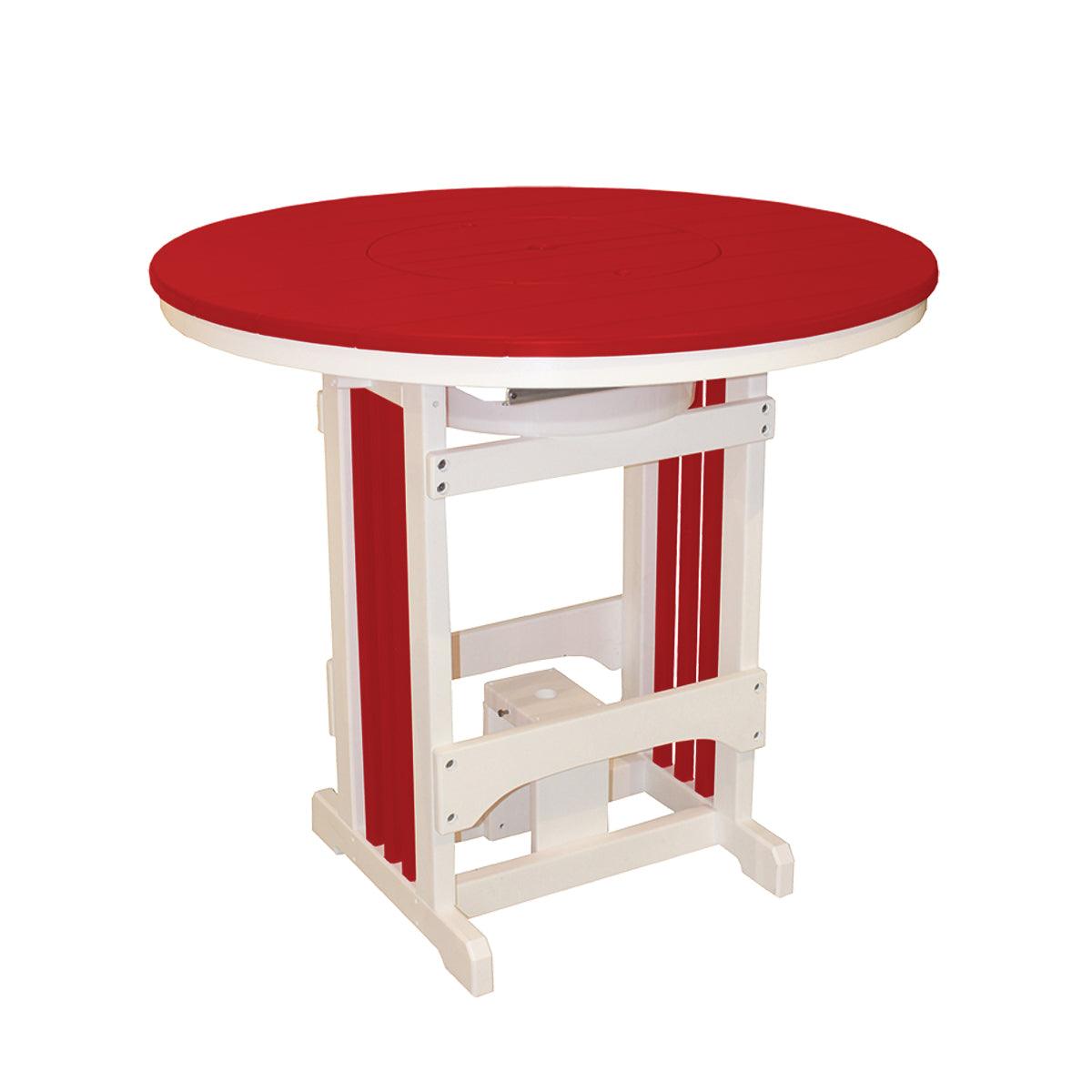Round red and white poly outdoor pub table with an integrated party bowl lid.