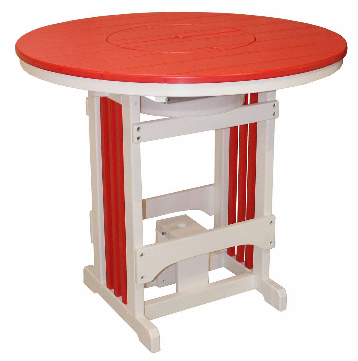 Round red and white recycled plastic outdoor pub table with a slatted top and sturdy base.