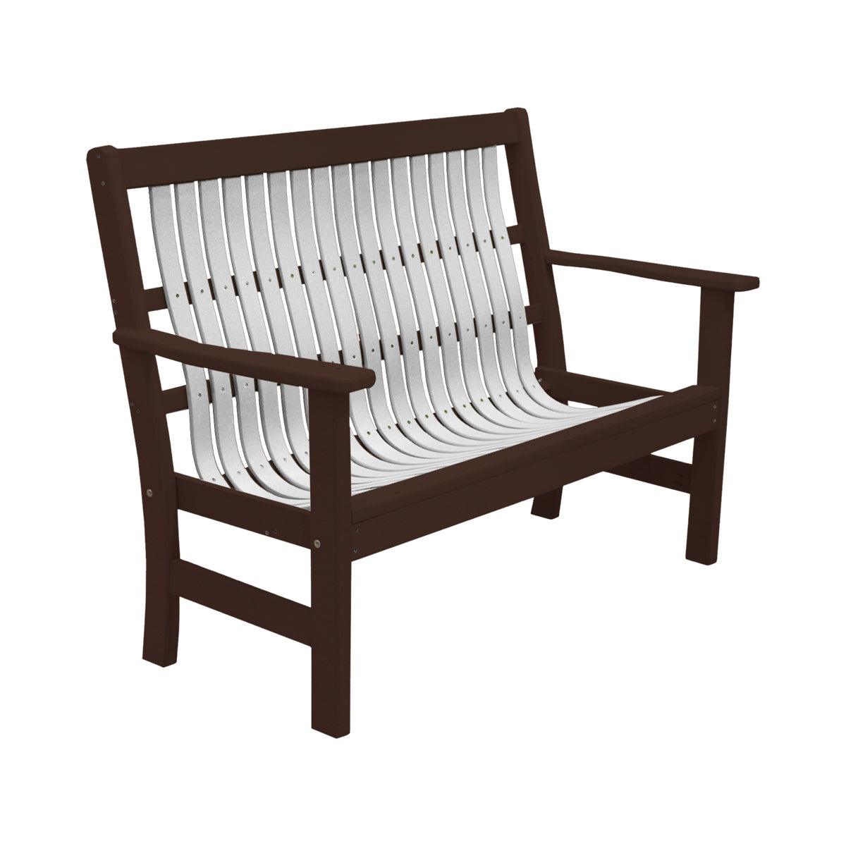 Two-tone 4-foot garden bench with a dark brown frame and white slatted seat and backrest.