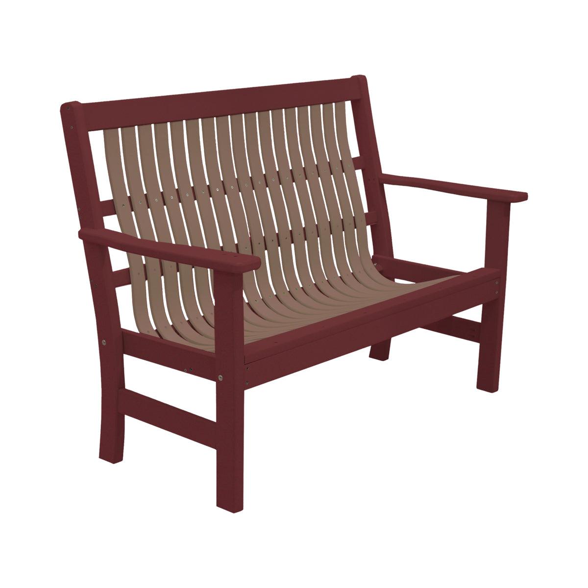 Two-tone 4-foot garden bench with a dark red frame and light brown slatted seat.