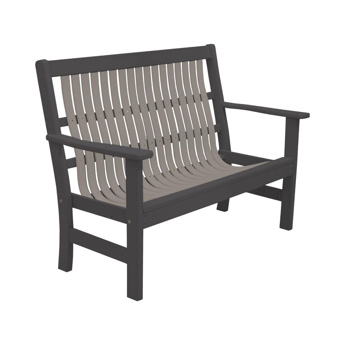 Two-tone 4-foot garden bench with dark gray frame and light gray slatted seat and backrest