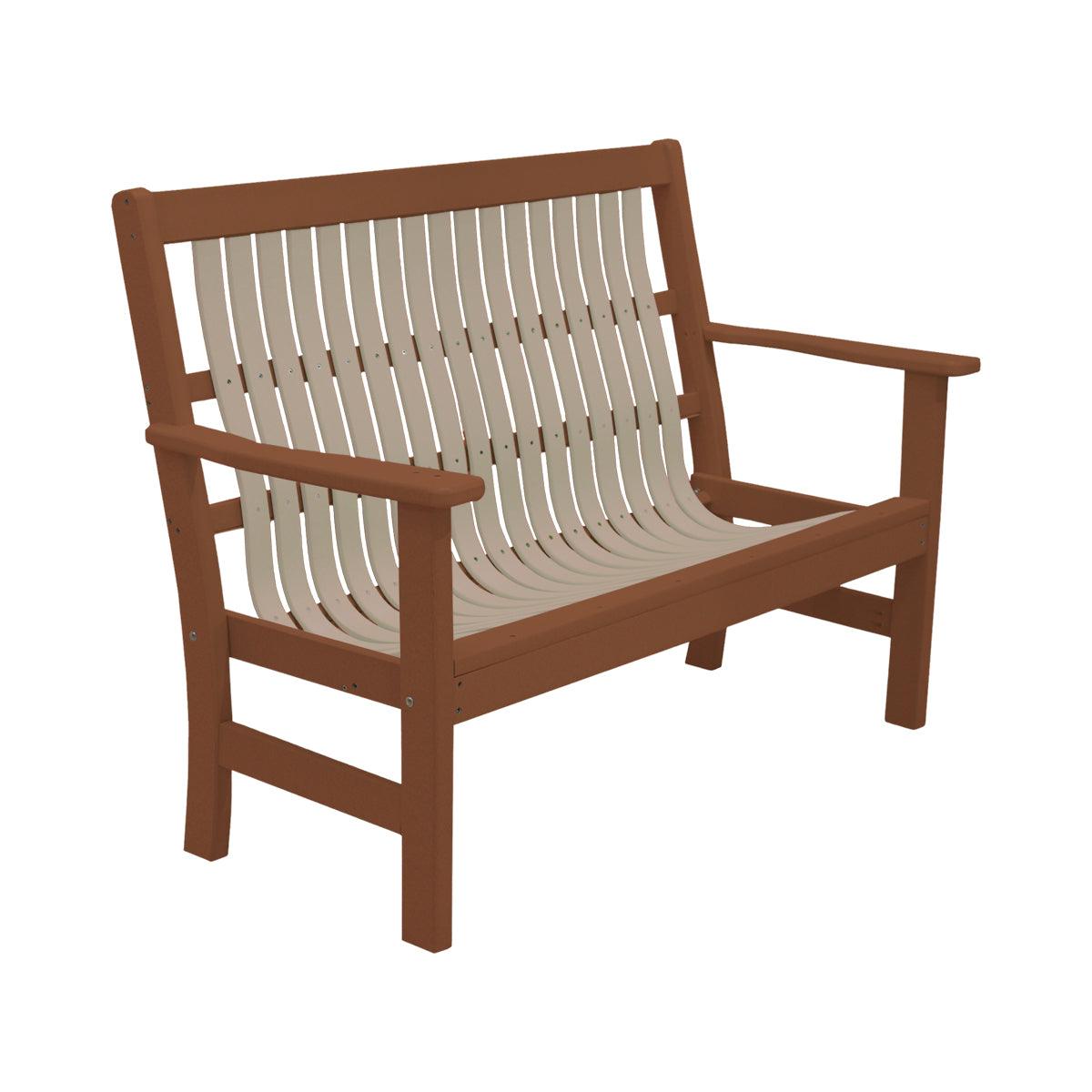 Two-tone 4-foot garden bench with brown frame and beige slatted seat and backrest.