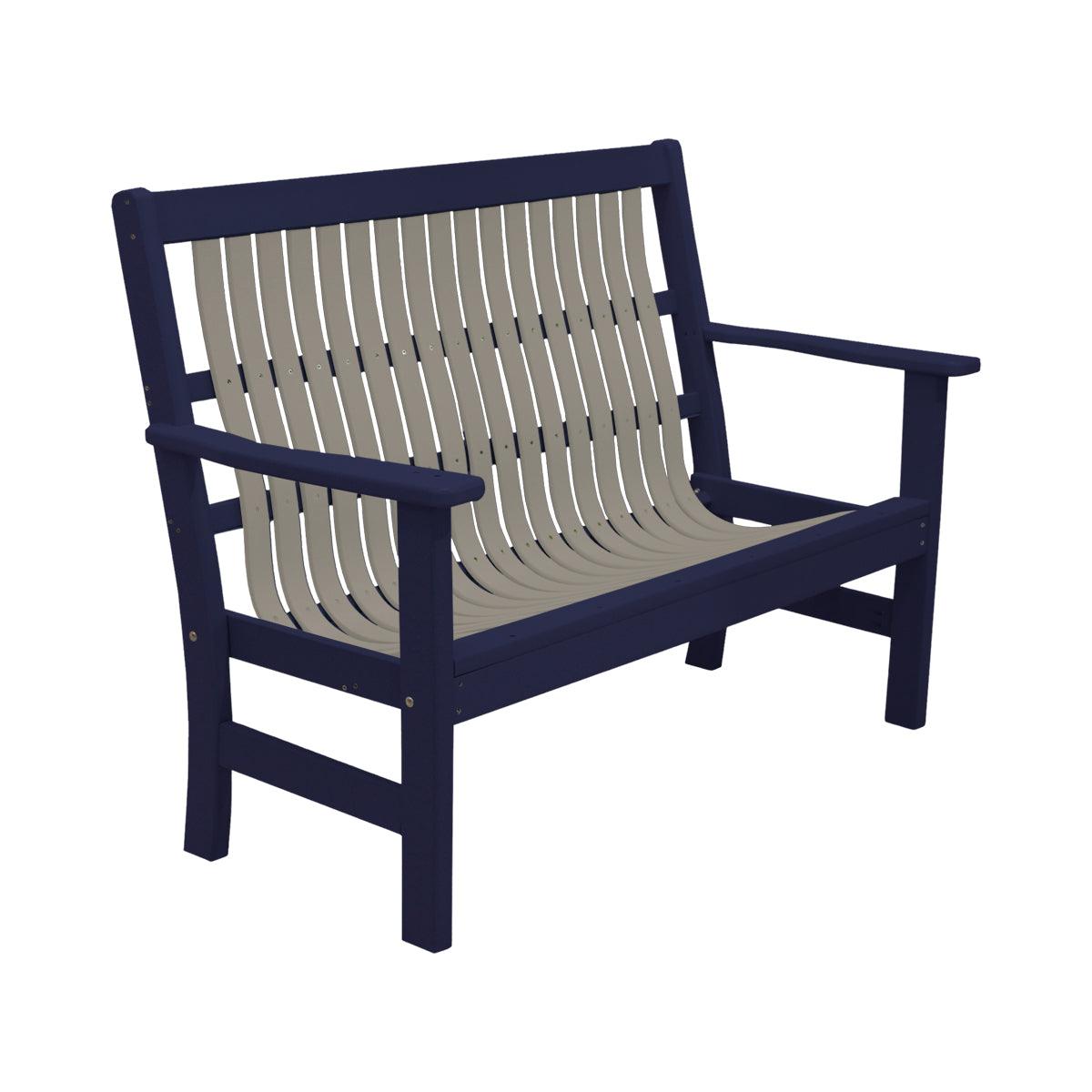 Two-tone 4-foot garden bench with a dark blue frame and light gray slatted seat and backrest.