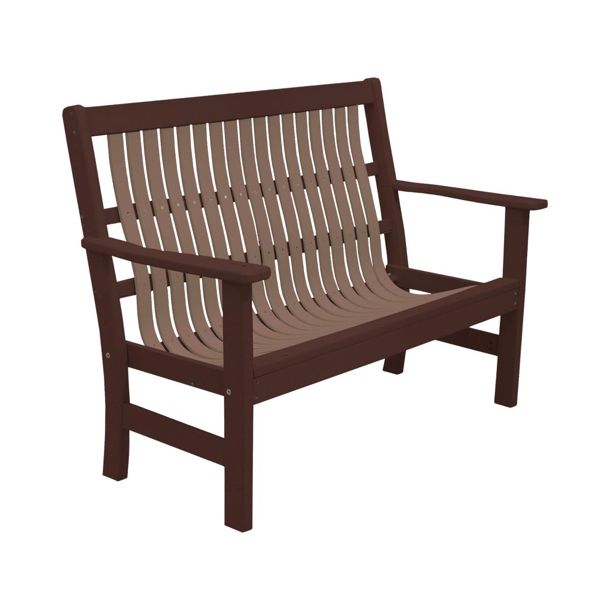 Two-tone brown and tan 4-foot garden bench with a slatted back and curved seat.