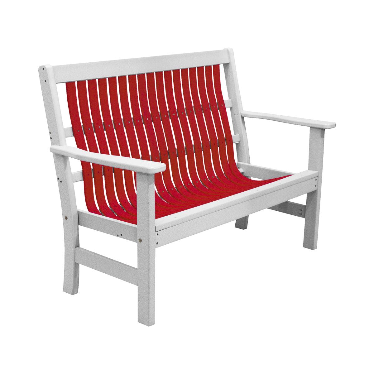 Four-foot garden bench with a white frame and red slatted seat and backrest.