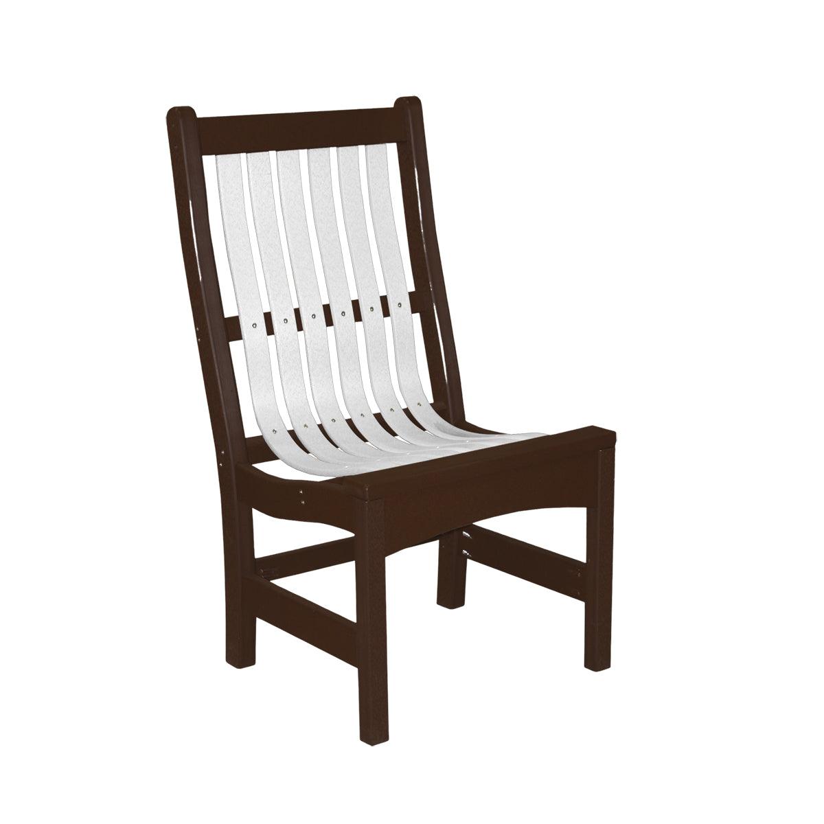 Brown and white poly lumber outdoor dining side chair with slatted back and seat.