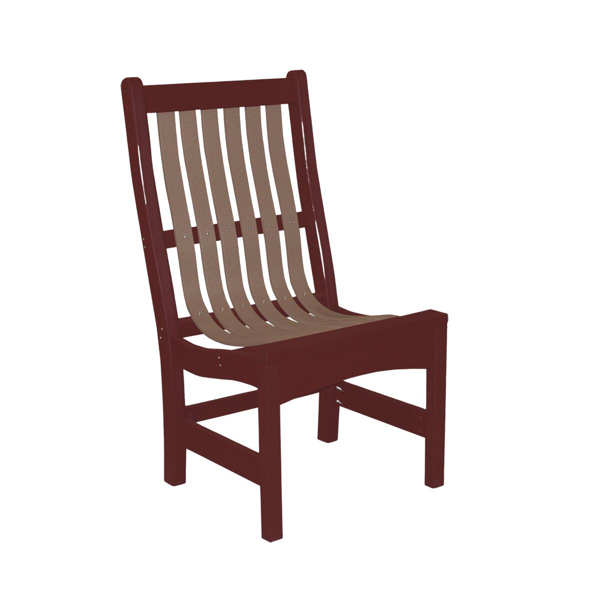 Two-tone outdoor dining side chair in dark red and brown poly lumber.