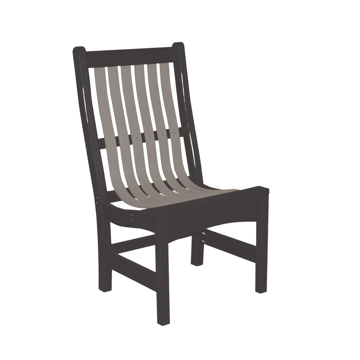 Two-tone outdoor dining side chair with a dark brown frame and grey poly lumber slats.