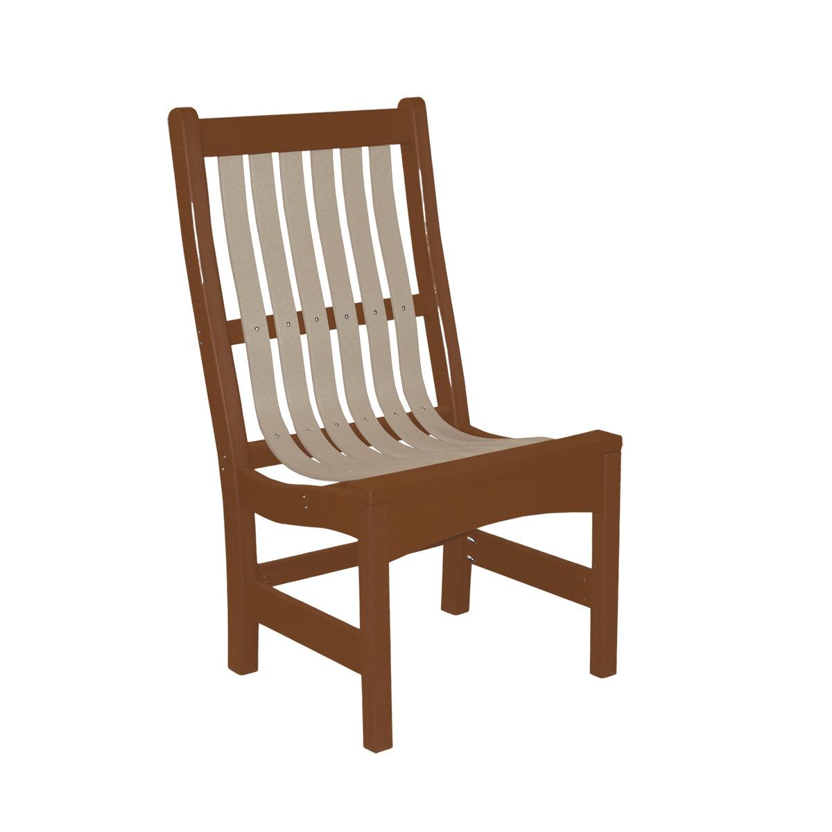 Brown and beige poly lumber outdoor dining side chair with a slatted back and seat.