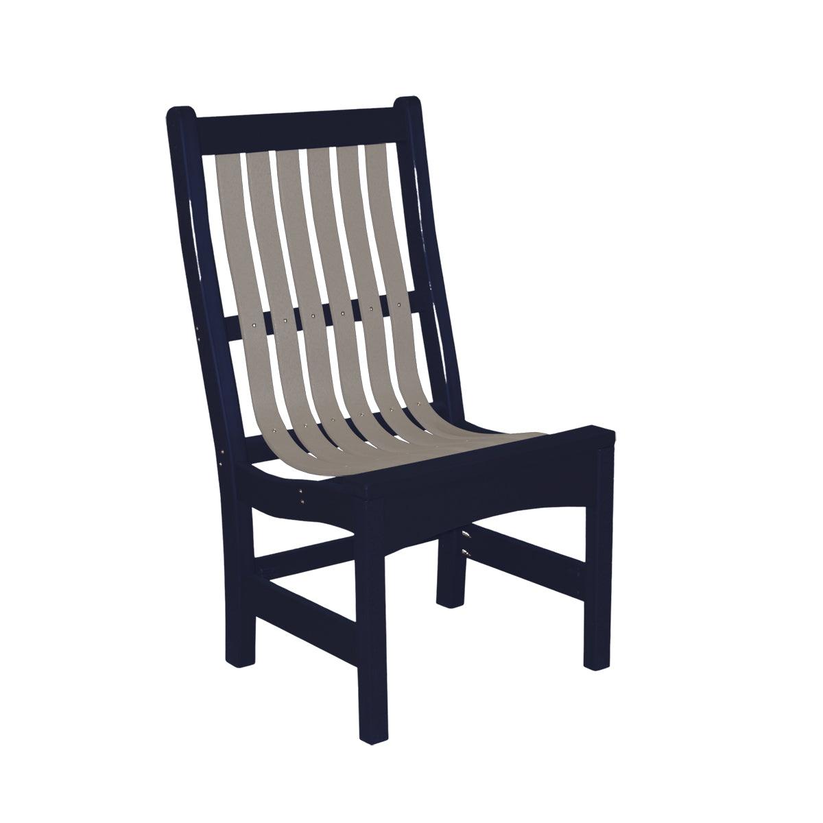 Navy blue and grey poly lumber outdoor dining side chair with a slatted back.