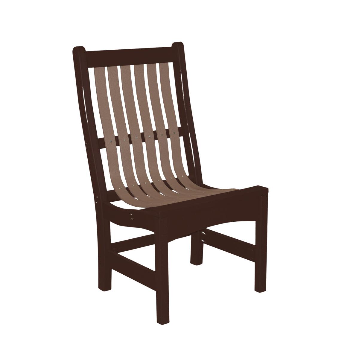 Brown and tan outdoor dining side chair made of recycled poly lumber slats.