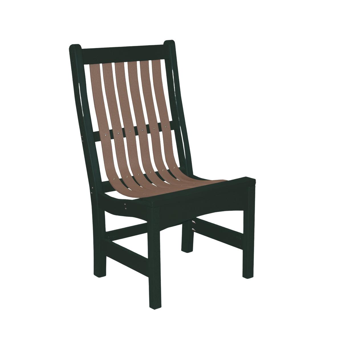 Two-tone outdoor dining side chair with a dark green frame and brown slatted seat.