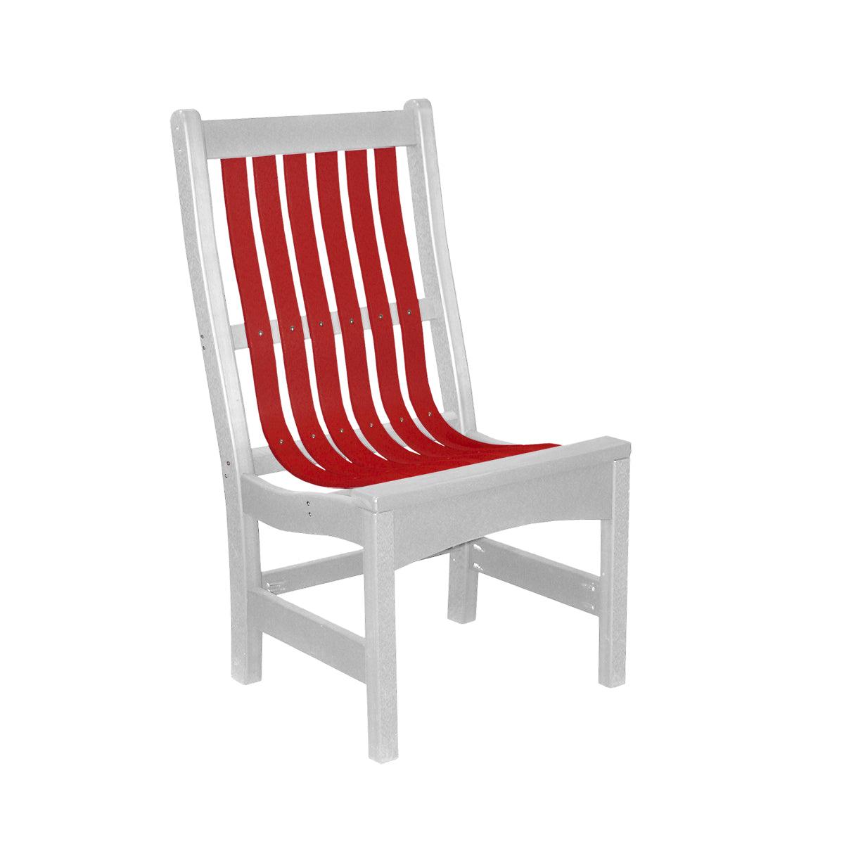 White poly lumber outdoor dining side chair with red curved vertical slats.