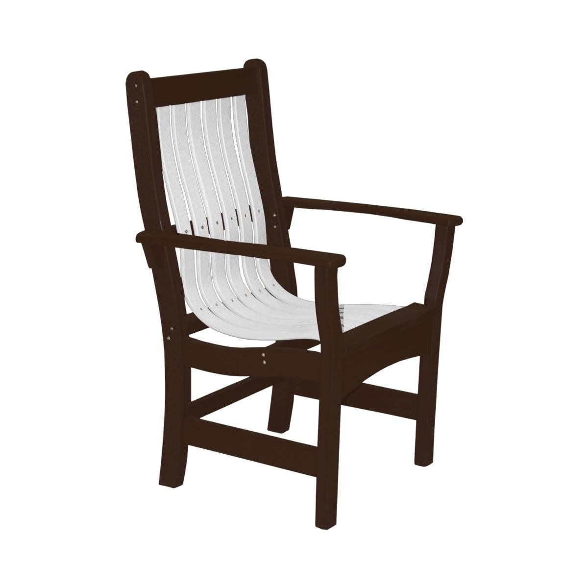Two-tone outdoor dining arm chair with dark brown frame and white slatted seat.