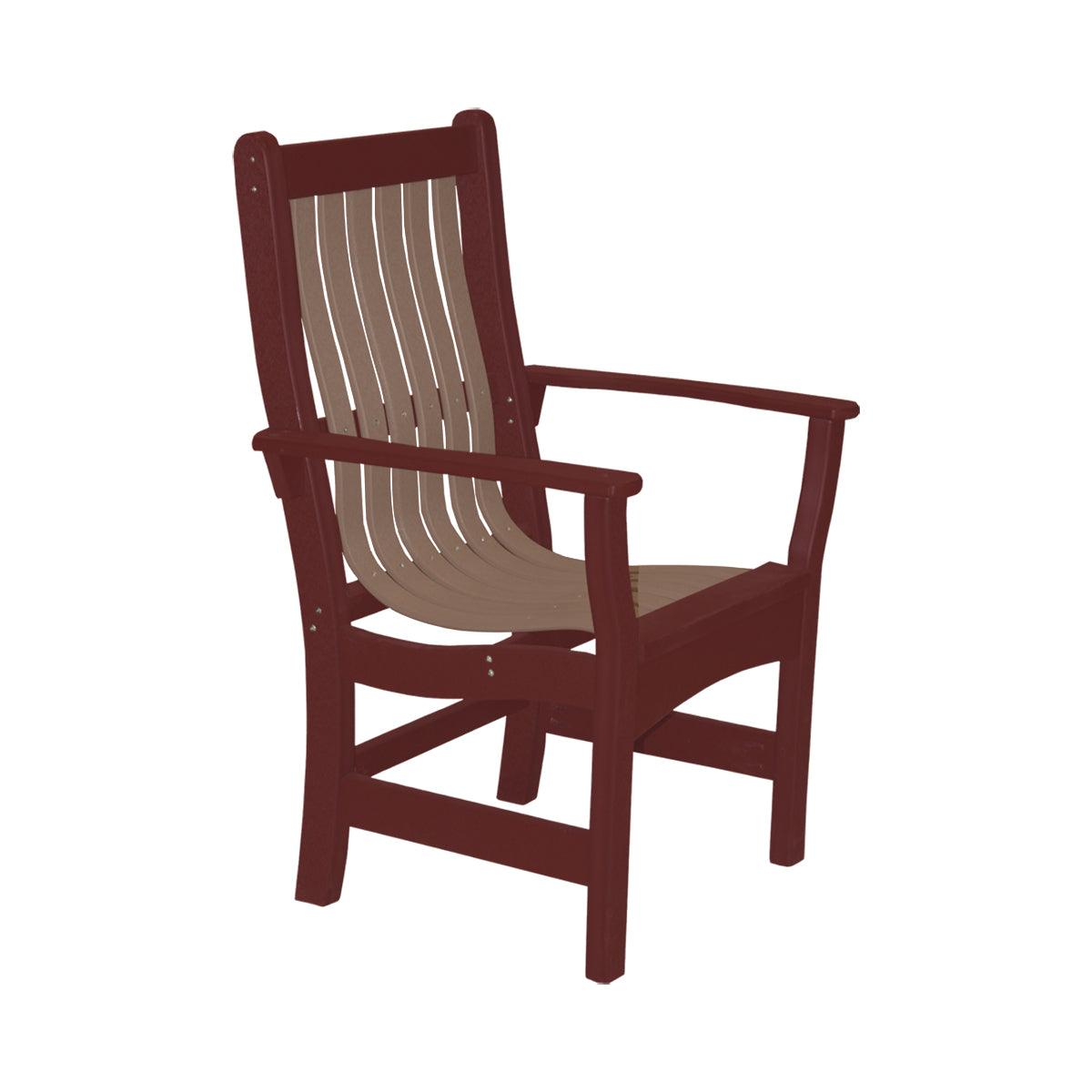 Two-tone poly outdoor dining arm chair with a dark red frame and tan slatted seat.