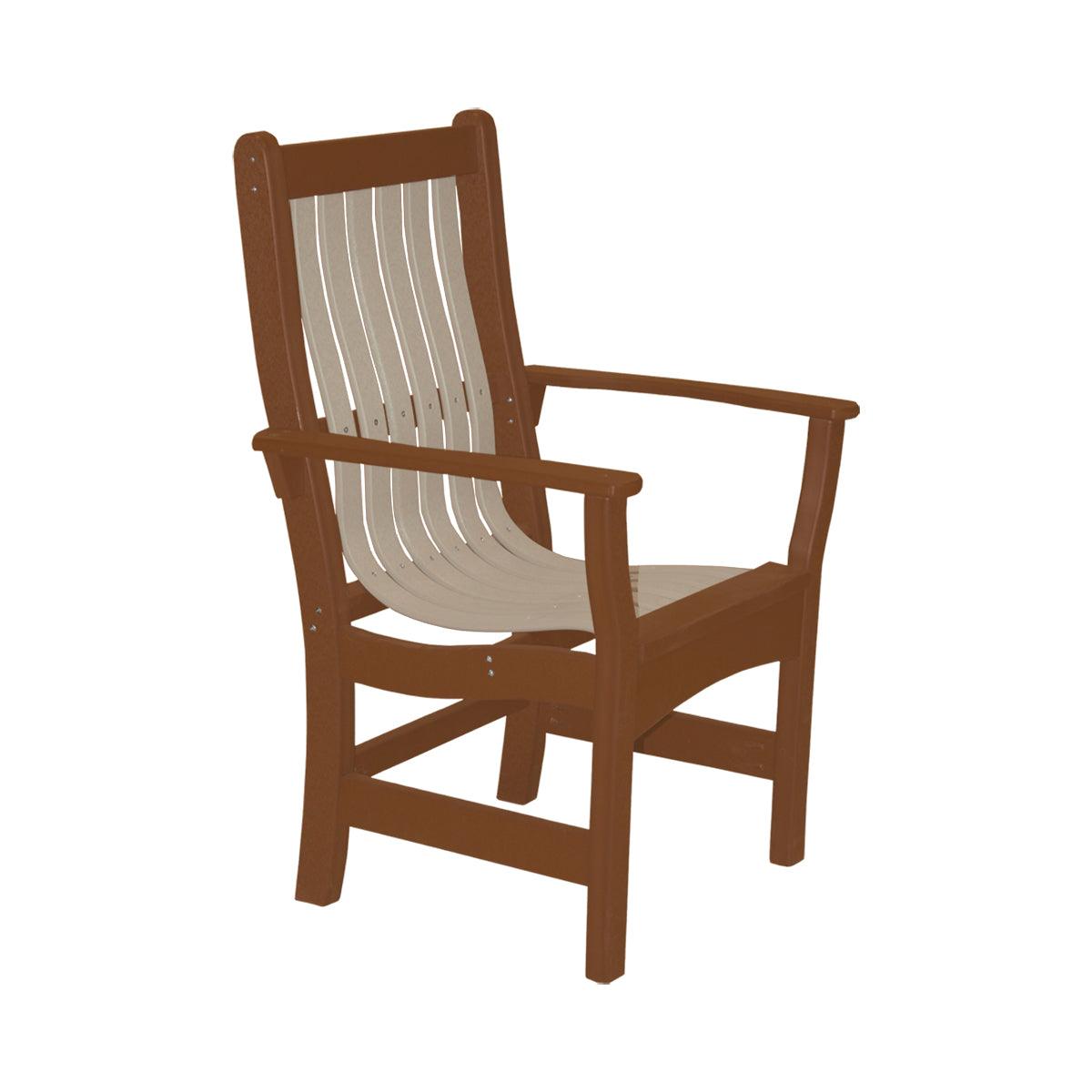 Two-tone brown and beige recycled poly outdoor dining arm chair with slatted back.