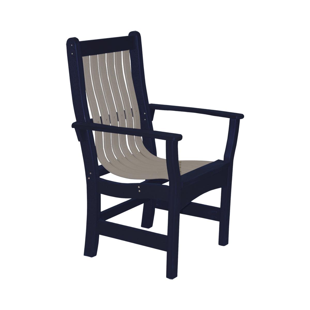 Two-tone outdoor dining arm chair with a dark blue frame and light gray slatted seat and backrest.