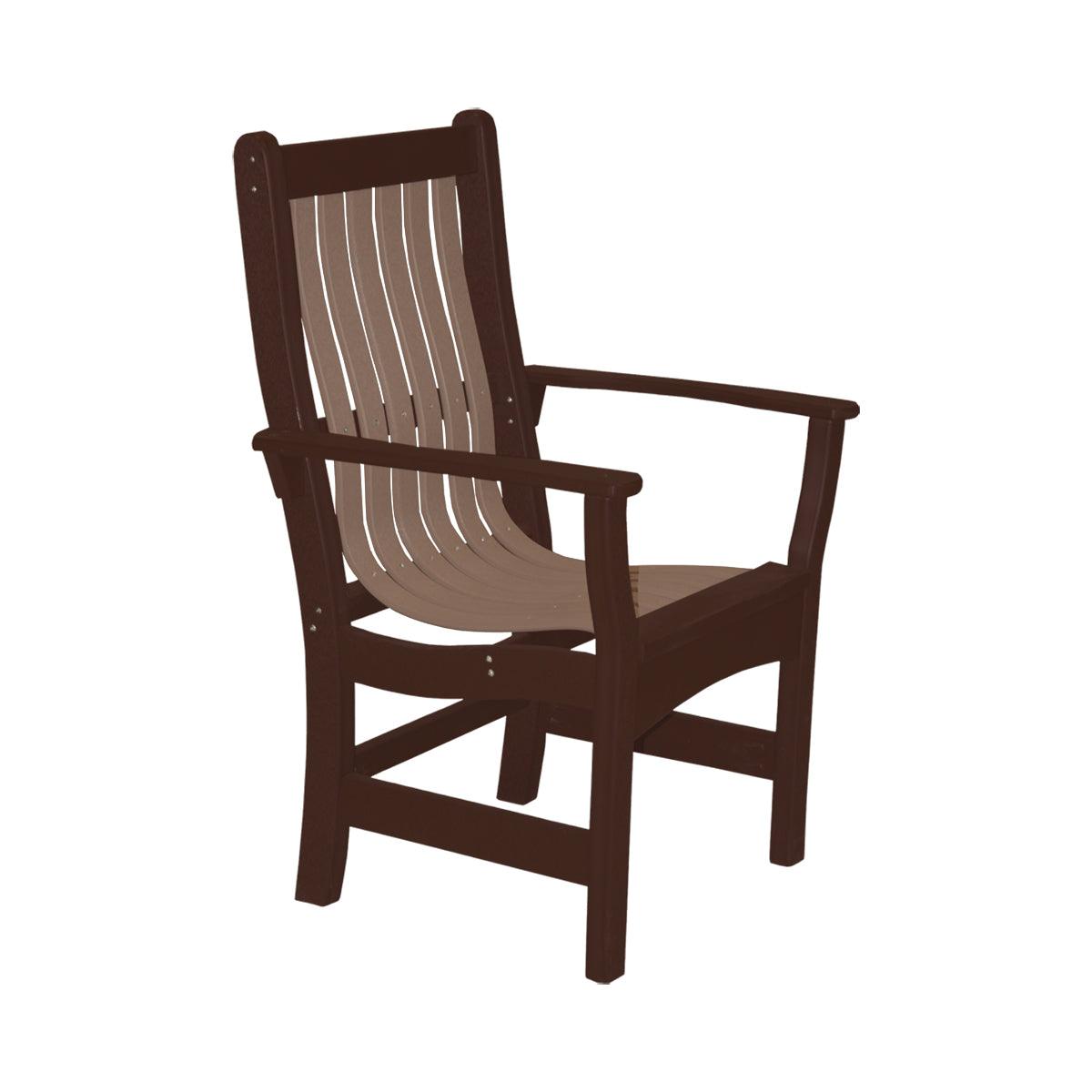 Two-tone brown and tan poly outdoor dining arm chair with a slatted back and seat.