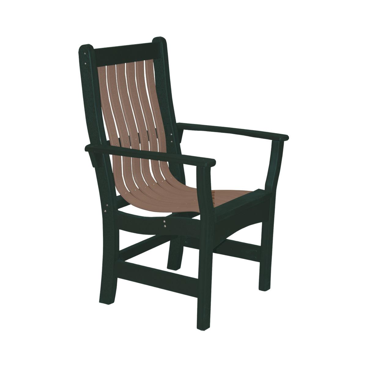 Two-tone outdoor dining arm chair with dark green frame and brown poly slats