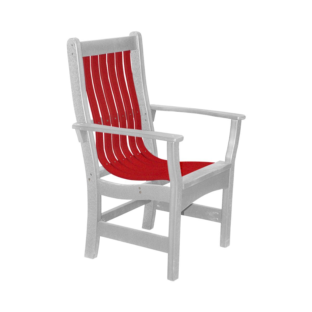 Grey and red poly outdoor dining arm chair with a slatted back and seat.