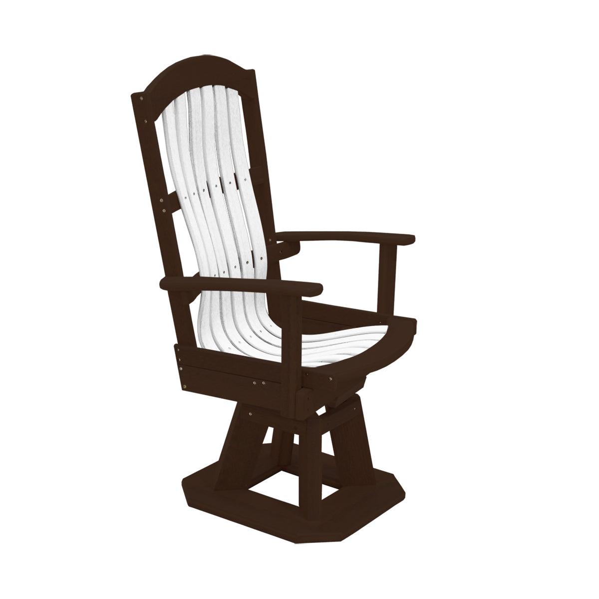 Two-tone brown and white outdoor swivel chair with a high back and slatted design.