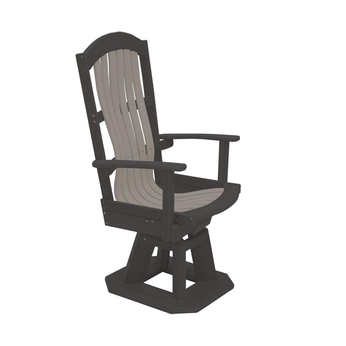 Two-tone grey and black outdoor swivel chair with a high back and slatted design.