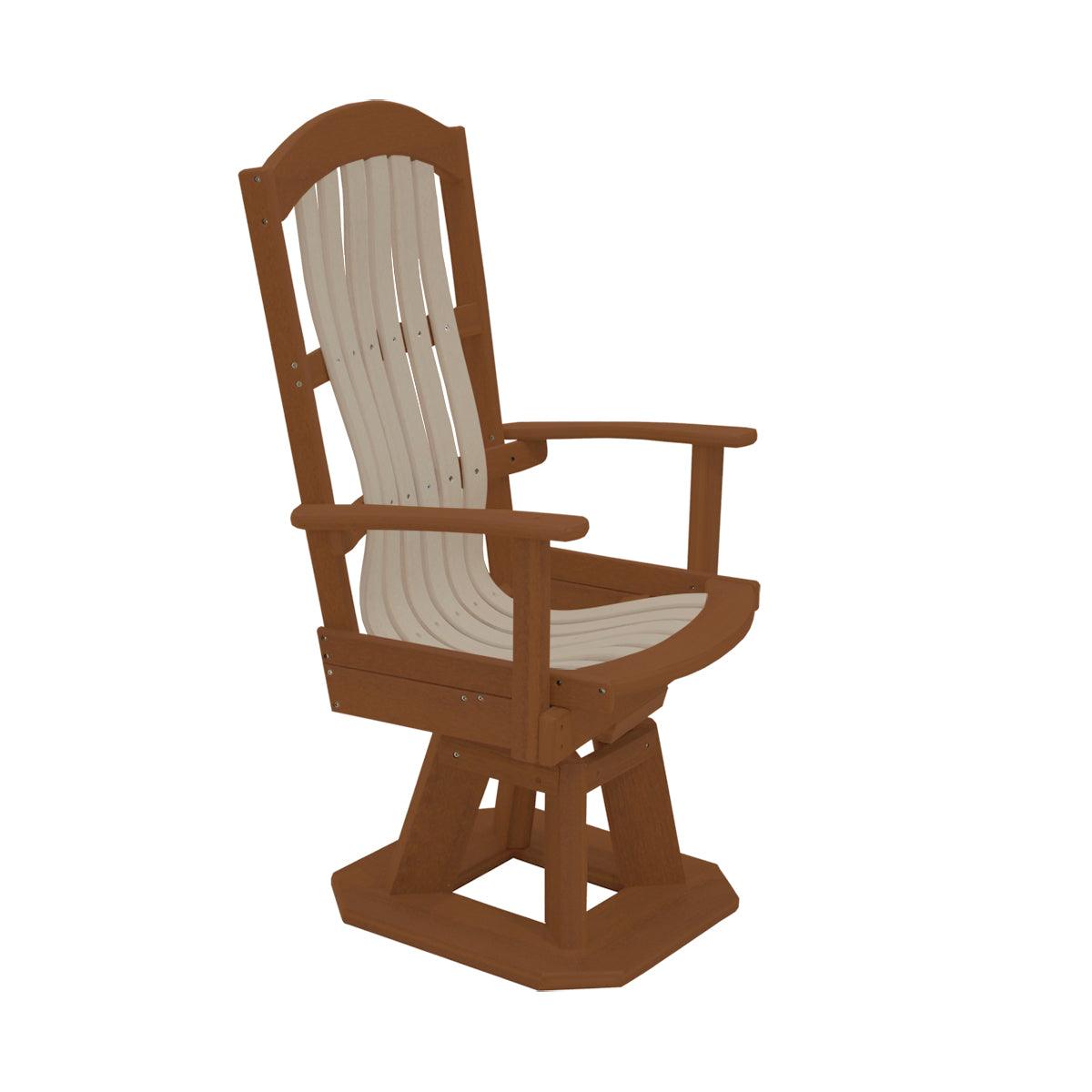 Two-tone brown and beige outdoor swivel chair with a high slatted back and armrests.