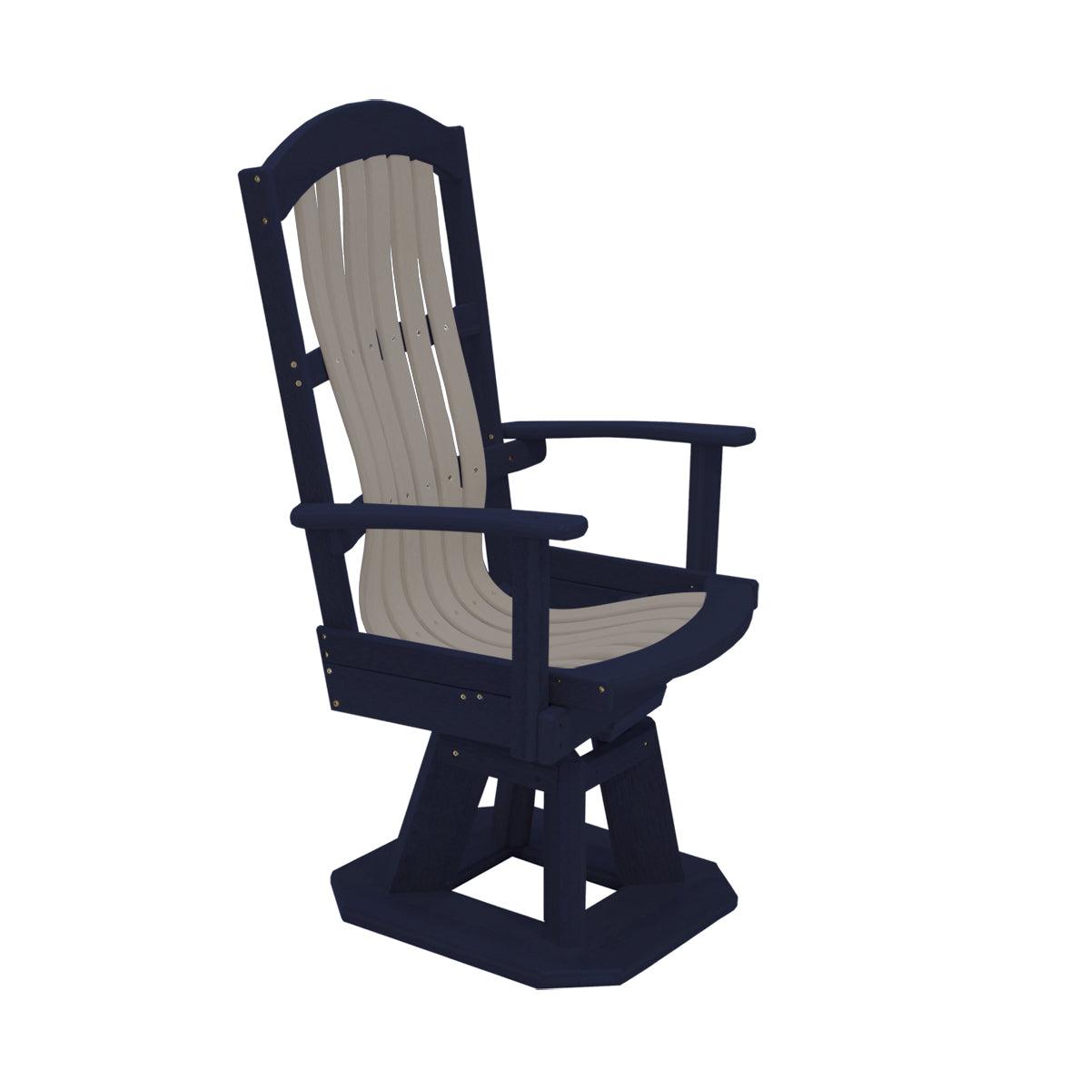 Two-tone navy blue and beige outdoor swivel chair with a high slatted back and sturdy pedestal base.