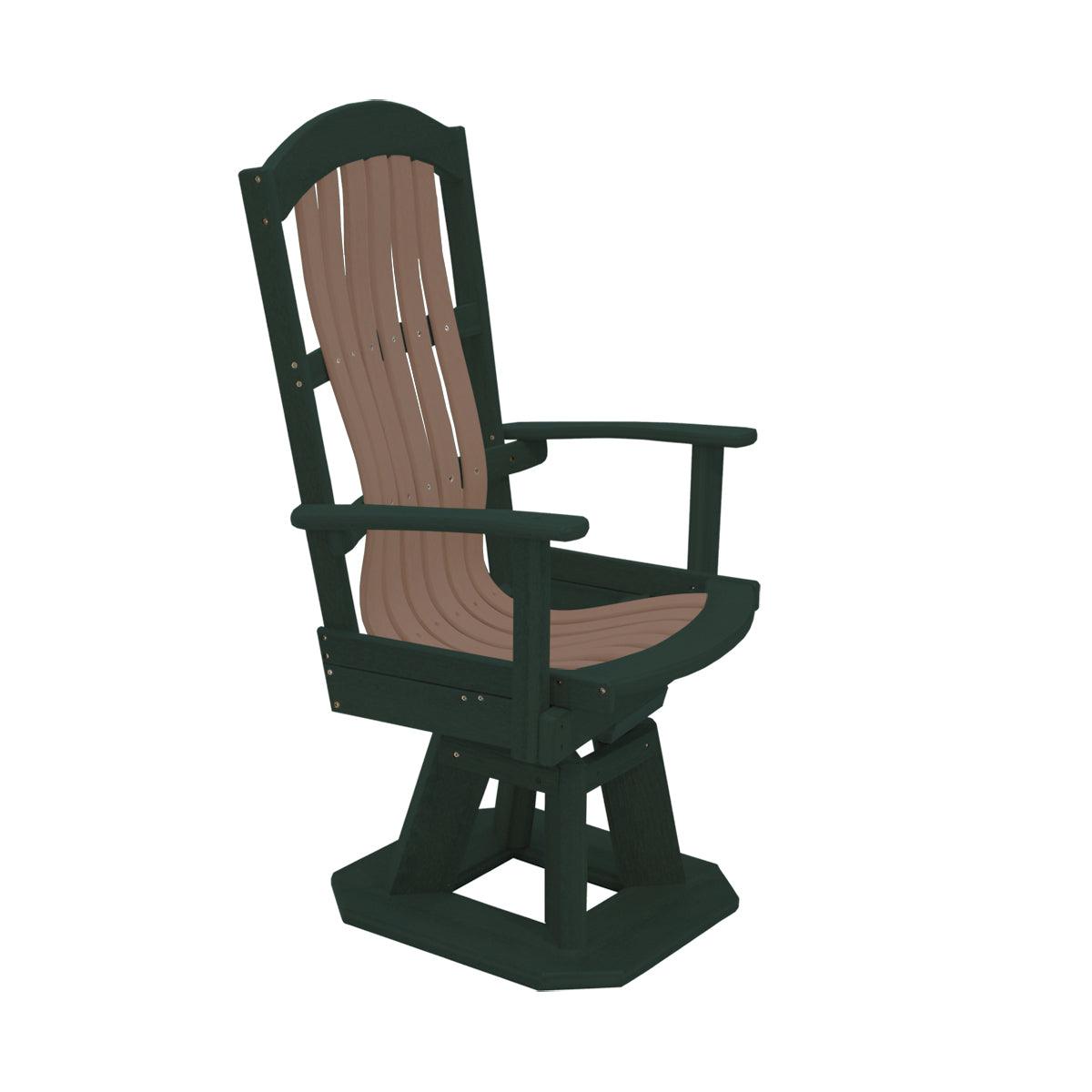 Two-tone green and brown outdoor swivel chair with a high slatted back and armrests.
