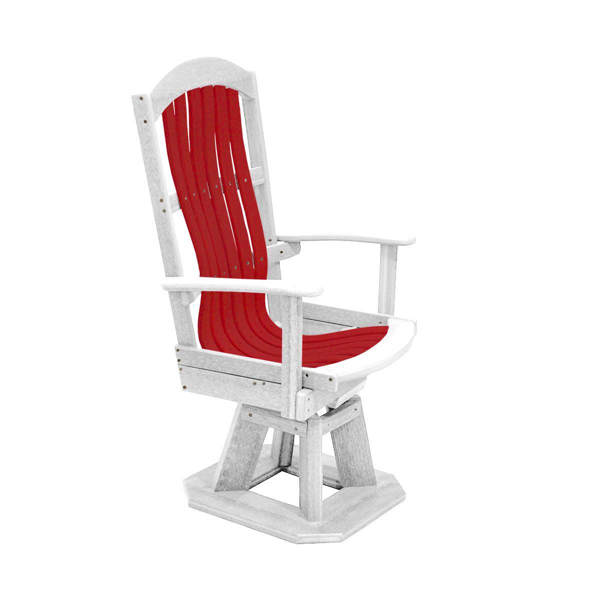 White and red outdoor swivel chair made of durable poly lumber material.