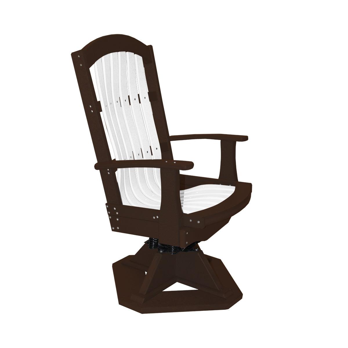 Brown and white outdoor swivel rocker chair with high back and cup holder armrests.