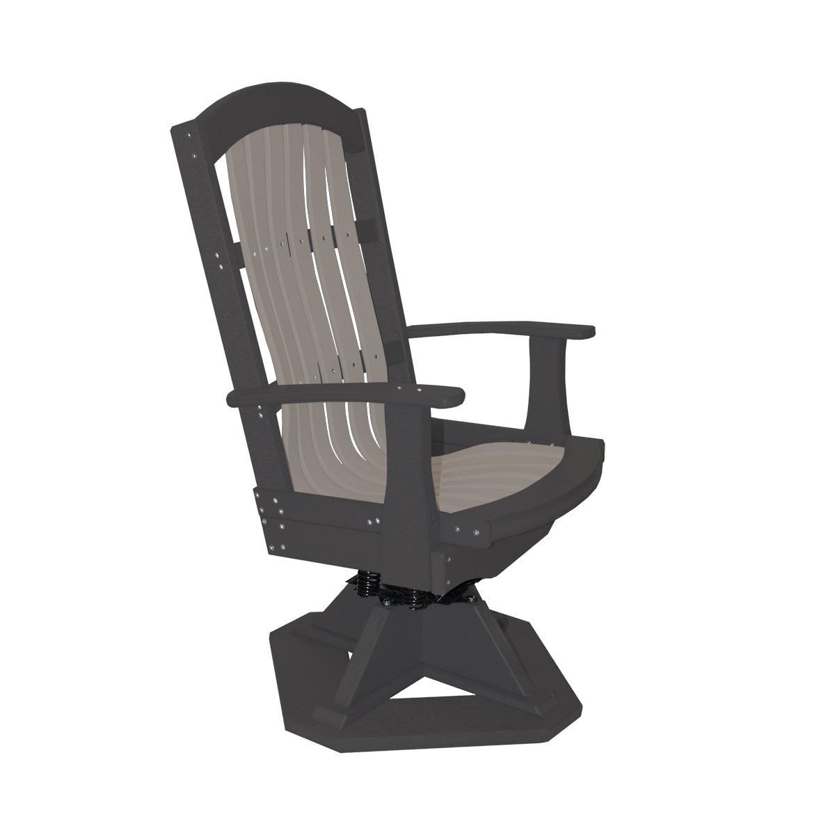 Two-tone grey and brown poly lumber outdoor swivel rocker chair with high back and armrests.