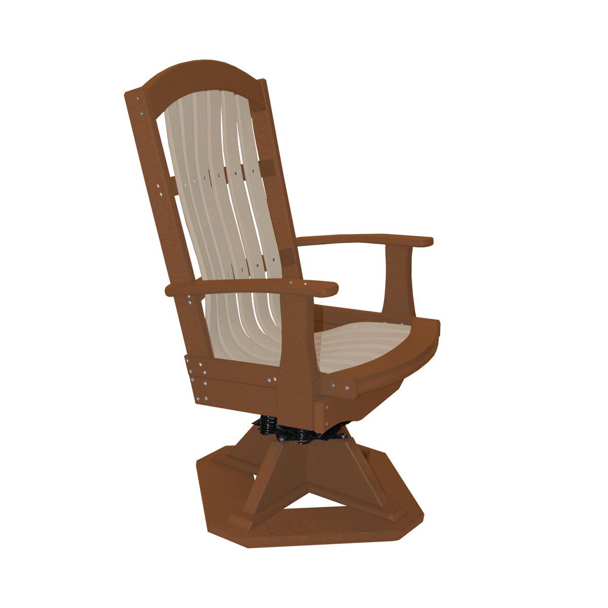 Two-tone brown and beige outdoor swivel rocker chair with a slatted back and sturdy base.