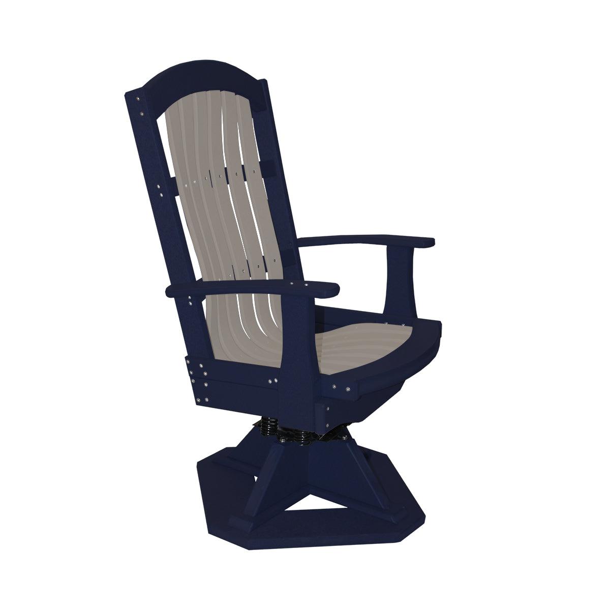Two-tone navy blue and grey outdoor swivel rocker chair with a high back and slatted design.