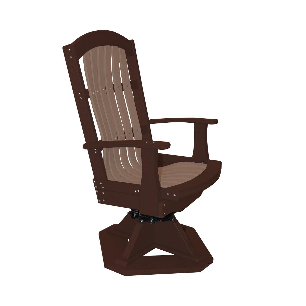 Brown and tan outdoor swivel rocker chair with slatted back and sturdy pedestal base.