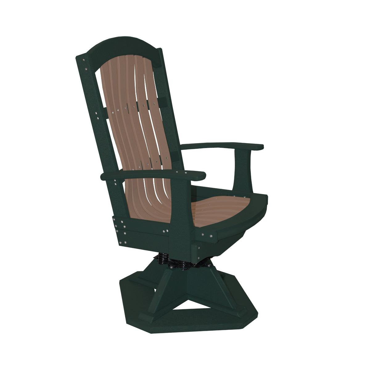 Green and brown outdoor swivel rocker chair with a slatted back and sturdy pedestal base.