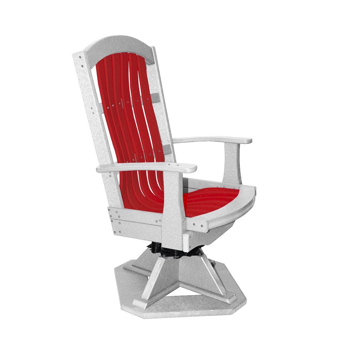 Two-tone grey and red outdoor swivel rocker chair with a high back and slatted seat.