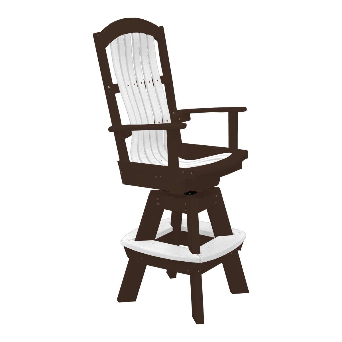 Two-tone brown and white swivel bar chair with a slatted backrest and footrest.