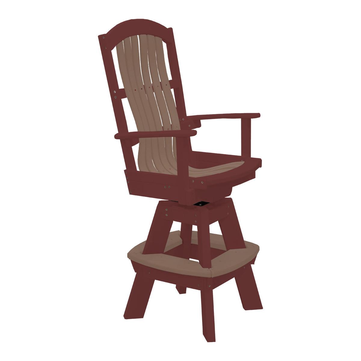 Two-tone brown and red swivel outdoor bar chair with high backrest and built-in footrest.