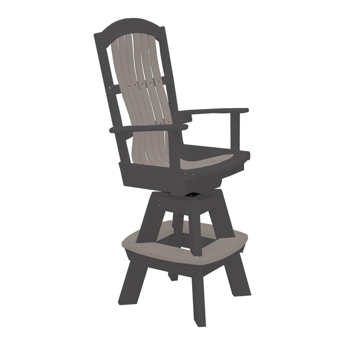 Two-tone grey and brown swivel outdoor bar chair with footrest and cupholder.