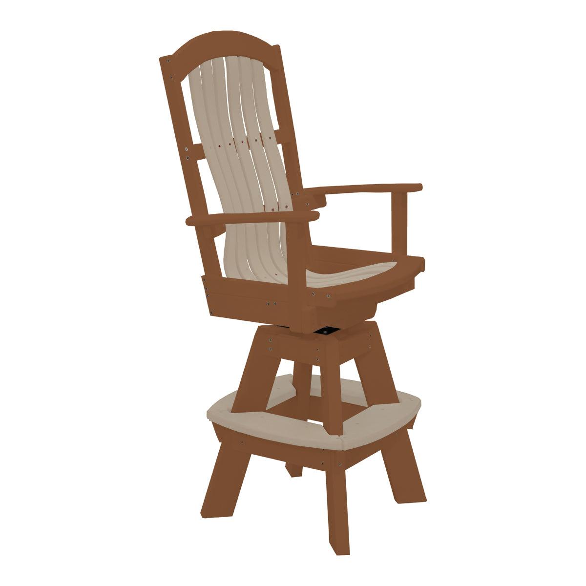 Two-tone brown and beige swivel outdoor bar chair with a slatted backrest and footrest.