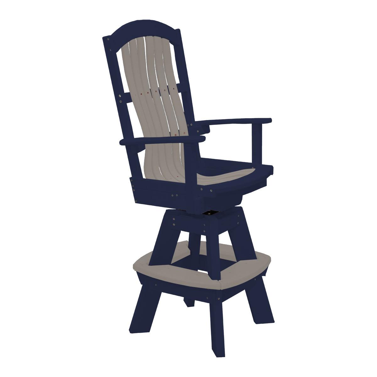 Swivel bar chair in navy blue and gray poly lumber with a built-in footrest.