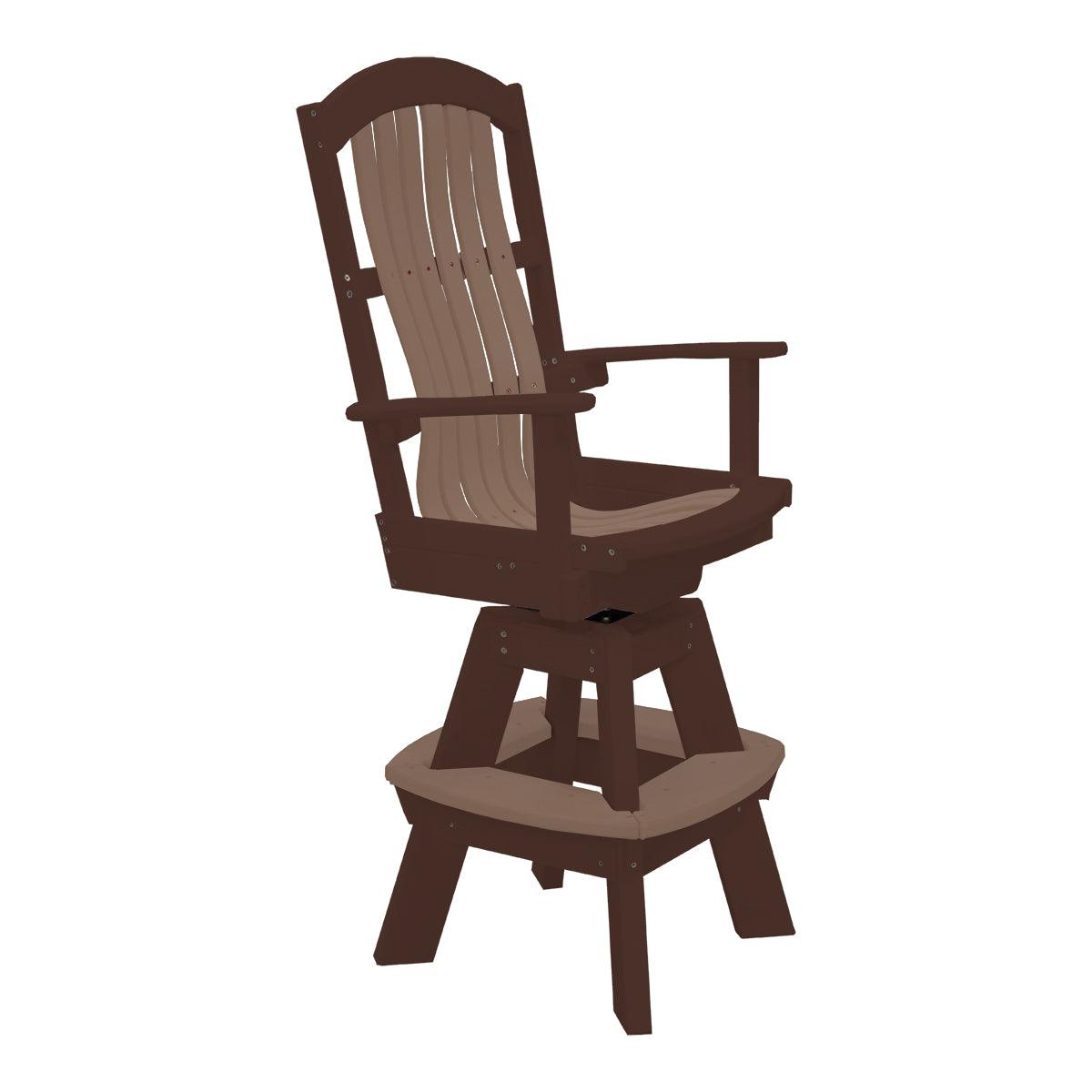 Two-tone brown swivel bar chair with a high slatted back, armrests, and a built-in footrest.