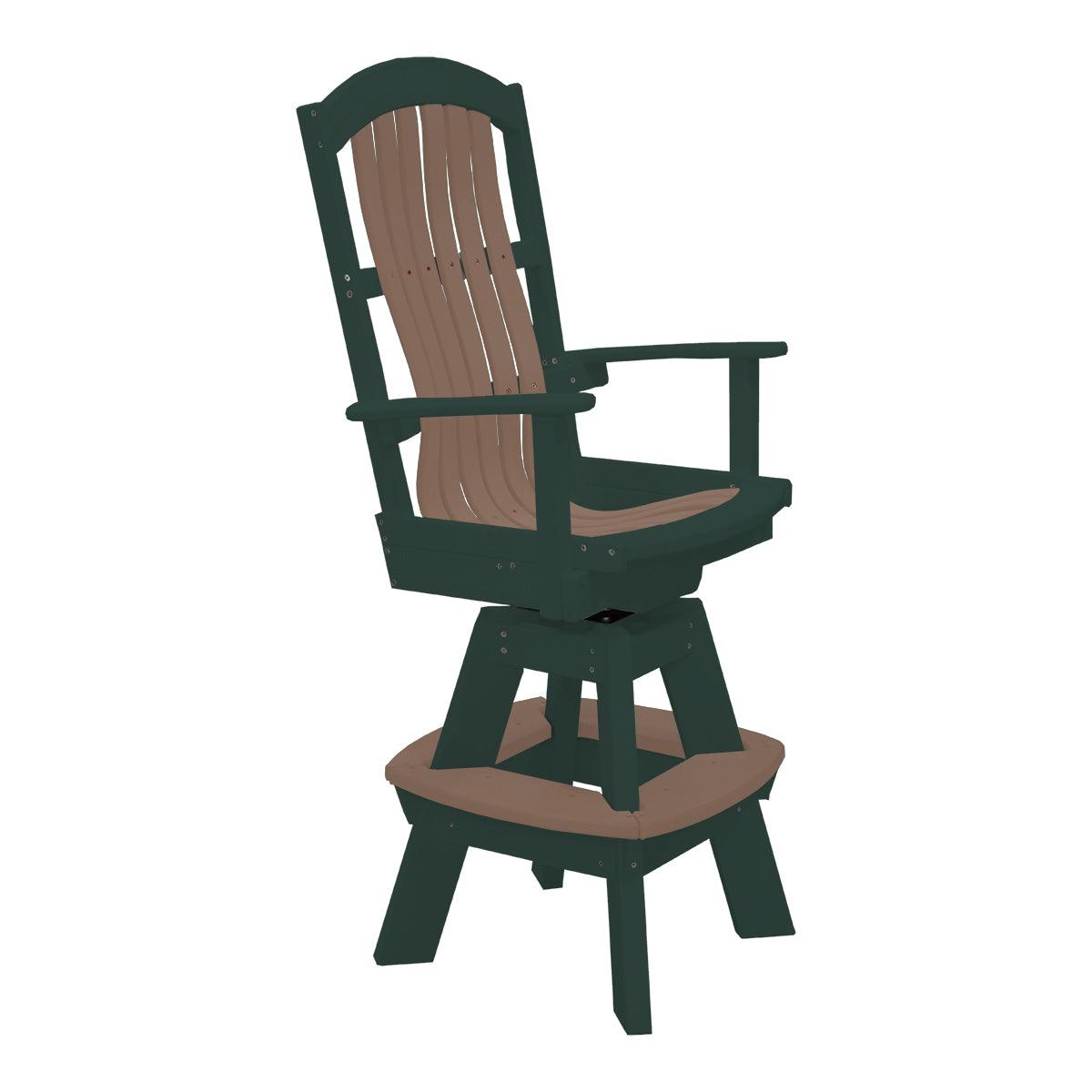 Two-tone green and brown swivel bar chair with a slatted back, armrests, and a footrest.