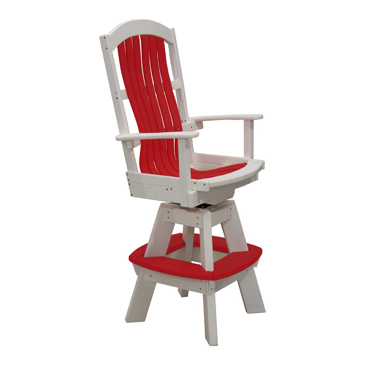 Red and white outdoor swivel bar chair with a high back, armrests, and a built-in footrest.